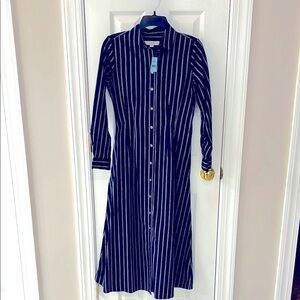 LOFT Navy Striped Long Sleeve Shirt Dress